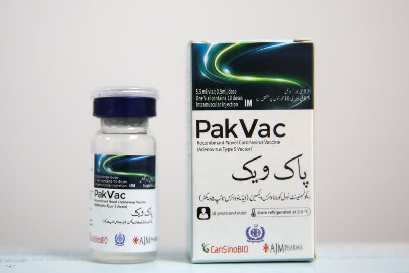 A vial and a pack of PakVac coronavirus disease (COVID-19) vaccine, which is being produced locally, is seen at the National Institute of Health (NIH) in Islamabad