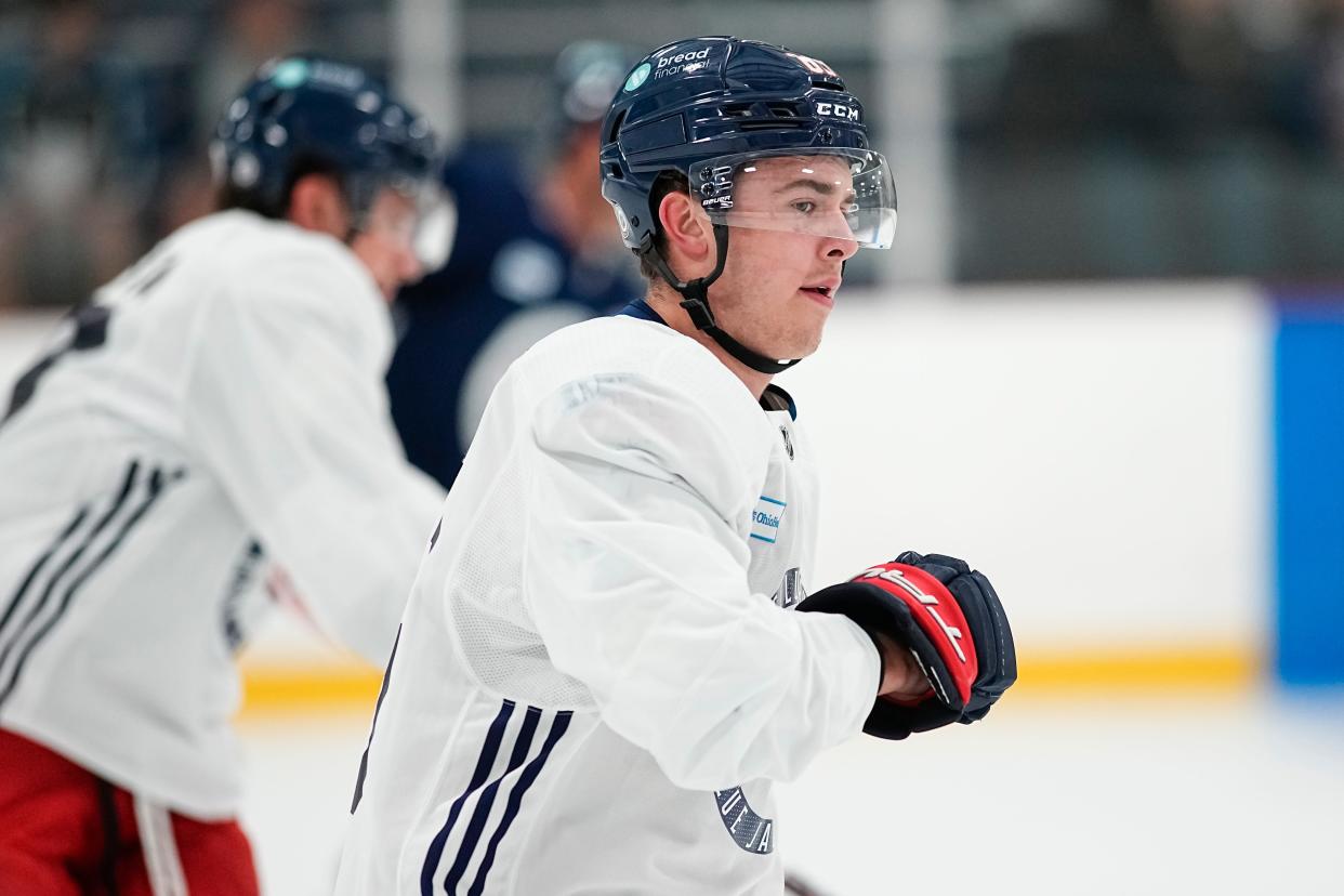 Jul 2, 2023; Columbus, Ohio, USA;  Forward Jordan Dumais (69) skates during the Columbus Blue Jackets development camp at the OhioHealth Chiller North in Lewis Center. 