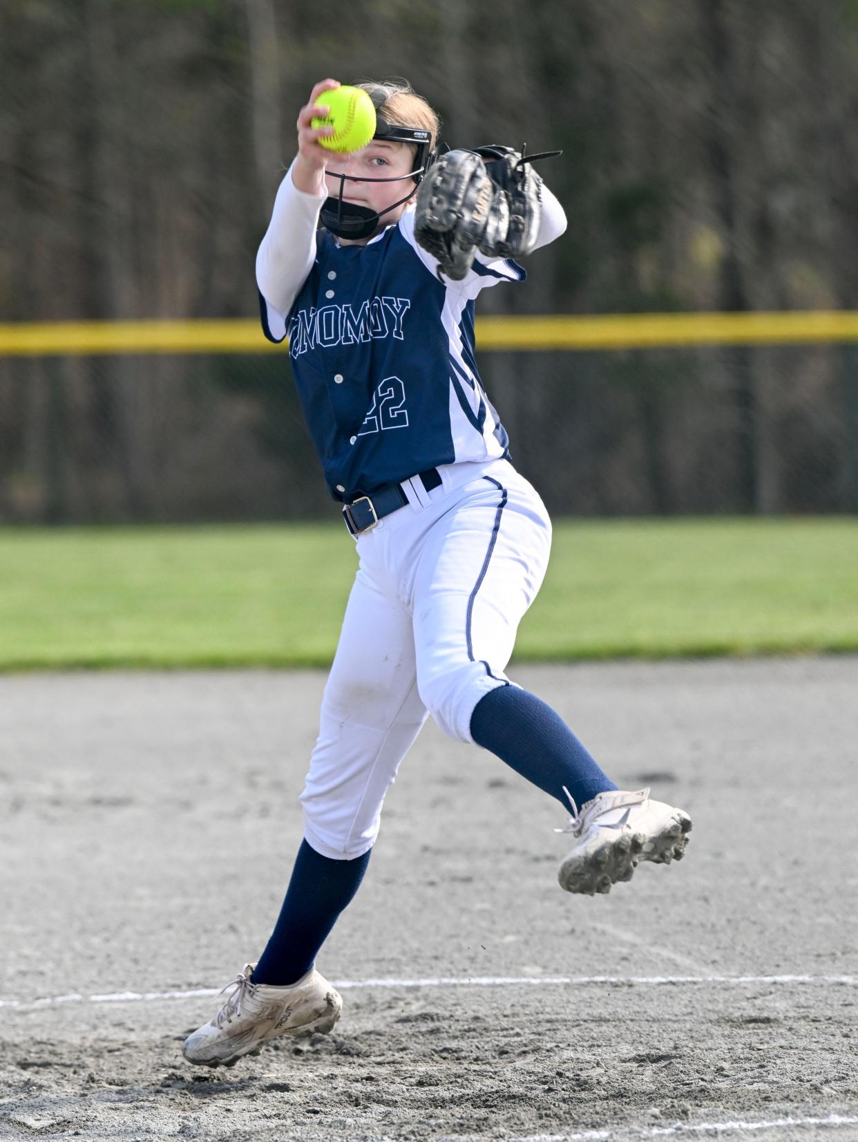 Monomoy pitcher Kinsey Lister winds up to throw against Sturgis Charter school.