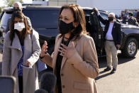 Democratic vice presidential candidate Sen. Kamala Harris, D-Calif., speaks to the media after arriving at Sky Harbor International Airport, Wednesday, Oct. 28, 2020, in Phoenix. (AP Photo/Matt York)