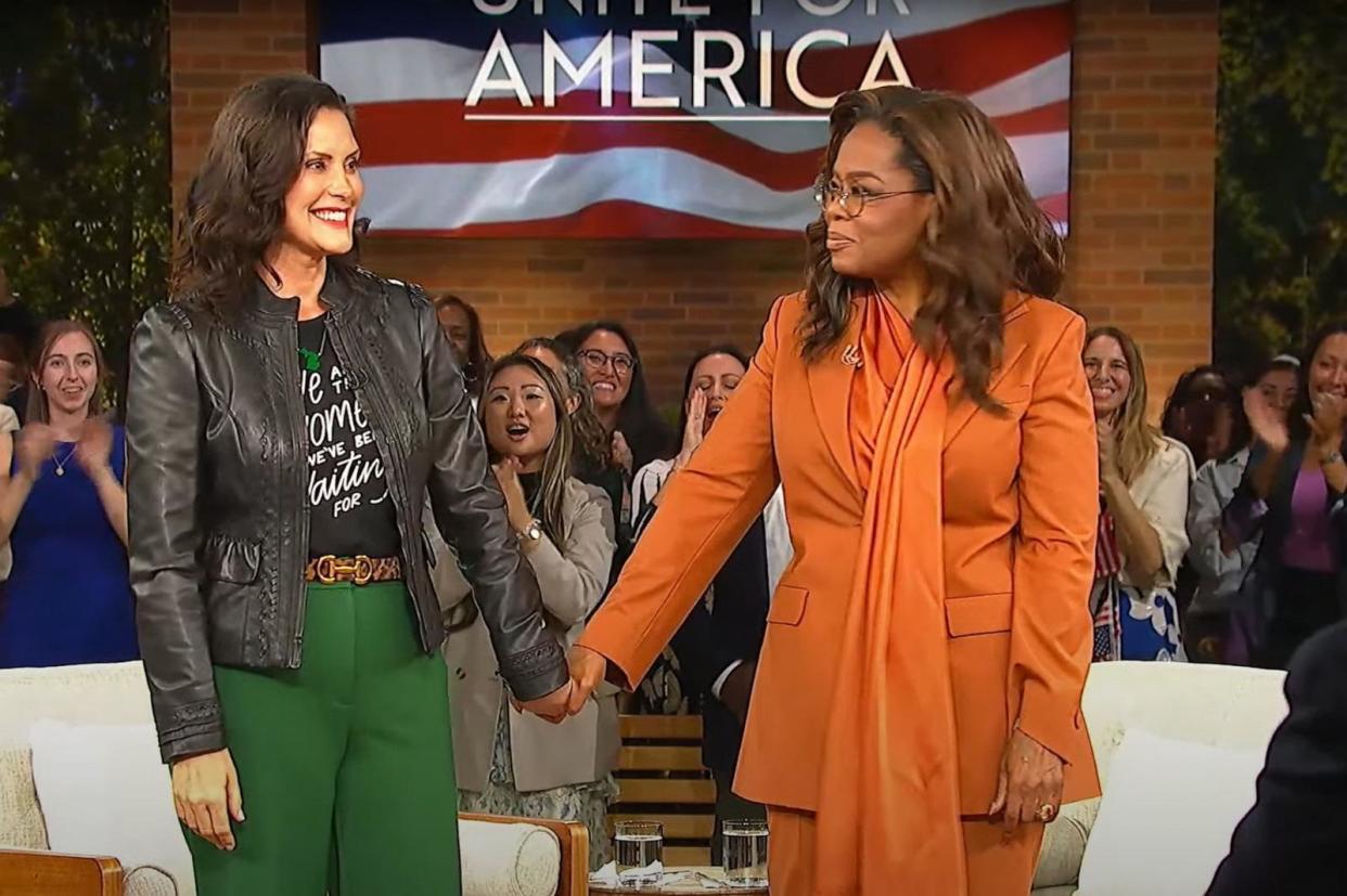 PHOTO: Michigan Gov. Gretchen Whitmer, left, joins Oprah Winfrey before the arrival of Democratic presidential nominee Vice President Kamala Harris at Oprah's Unite for America Live Streaming event on Sept. 19, 2024, in Farmington Hills, Mich.  (UniteForAmerica2024)