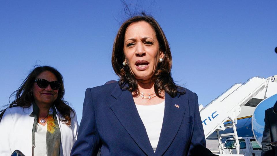 PHOTO: In this June 25, 2021 file photo Vice President Kamala Harris speaks to members of the media as she arrives at the El Paso International Airport in El Paso, Texas. (Yuri Gripas/Abaca/Bloomberg via Getty Images, FILE)