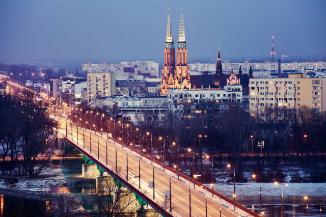 Poland, Warsaw, View over Vistula River towards Praga, Slasko-Dabrowski Bridge on foreground