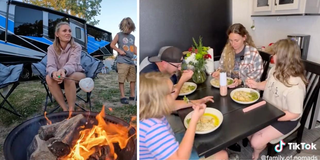 A composite of Jessica McCorkle toasting a marshmallow over a campfire while sitting in a foldable chair in front of their RV and the family eating a meal together at the dinner table.