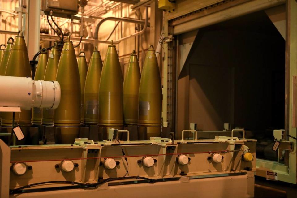 Workers trained and demonstrated with fake chemical weapons like these in a tray in the transfer room at the chemical destruction plant at Blue Grass Army Depot in Richmond.