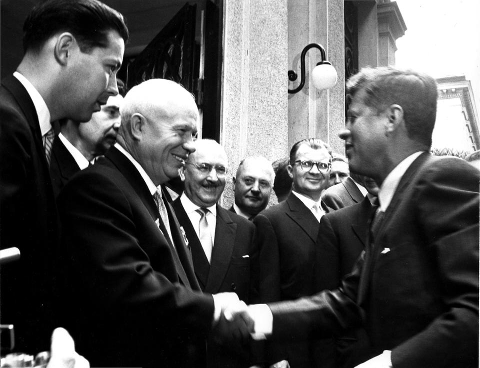 <p>Soviet Chairman Nikita Khrushchev greets U.S. President John F. Kennedy as he enters the Soviet Embassy in Vienna, Austria, June 1961. (Photo: John F. Kennedy Presidential Library and Museum) </p>