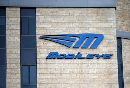 The logo Israeli driverless technology firm Mobileye is seen on the building of their offices in Jerusalem March 13, 2017. REUTERS/Ronen Zvulun