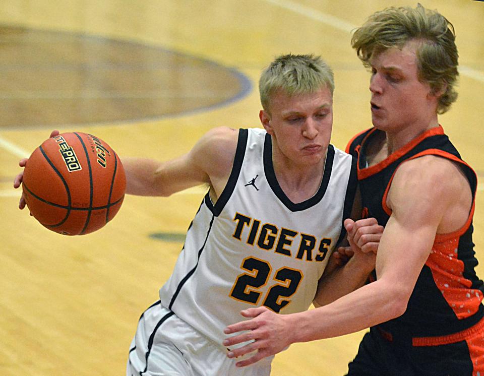 Groton Area's Jacob Zak is hounded by Dell Rapids' Cole Ruesink during their Class A SoDak 16 boys basketball game on Tuesday, March 5, 2024 in the Watertown Civic Arena. Groton Area won 69-55.