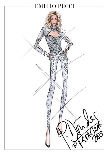 <b>Rita Ora's Emilio Pucci Radioactive tour wardrobe design sketches </b><br><br>Another design featured a similar style top with sparkly leggings.<br><br>© Emilio Pucci