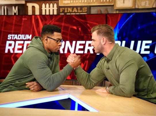 Former Ohio State linebacker Joshua Perry and former Michigan tight end Jake Butt on the set of their show "Red Corner Blue Corner" on Stadium Sports.