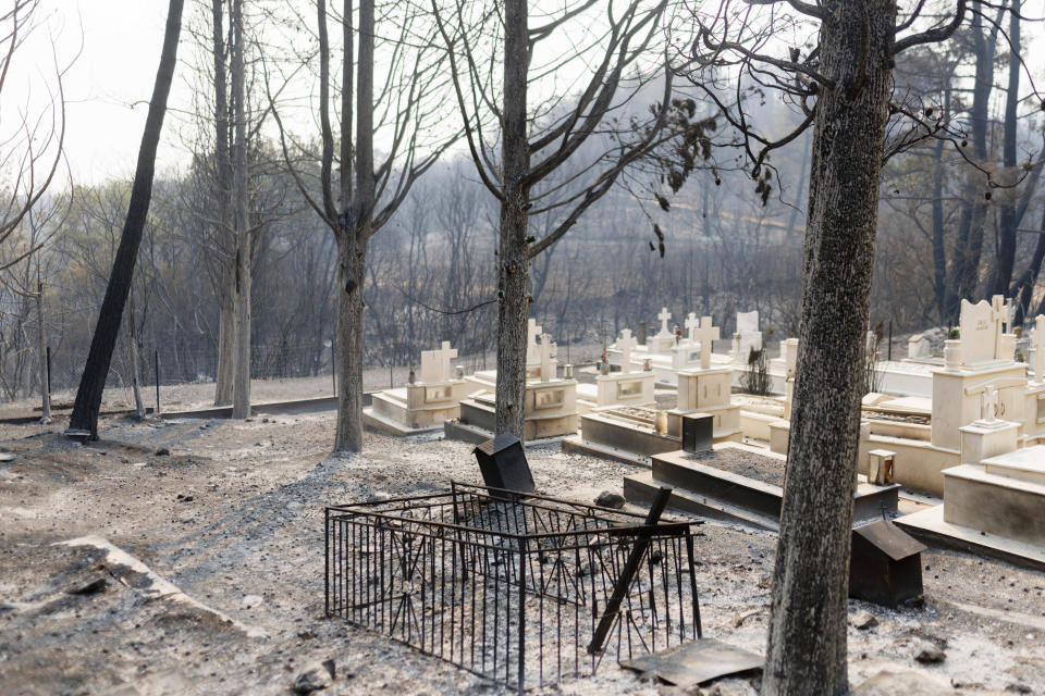 Burnt trees inside a cemetery during wildfires near the village of Kirkis, near Alexandroupolis town, in the northeastern Evros region, Greece, Wednesday, Aug. 23, 2023. Water-dropping planes from several European countries joined hundreds of firefighters Wednesday battling wildfires raging for days across Greece that have left 20 people dead, while major blazes were also burning in Spain's Tenerife and in northwestern Turkey near the Greek border. (AP Photo/Achilleas Chiras)