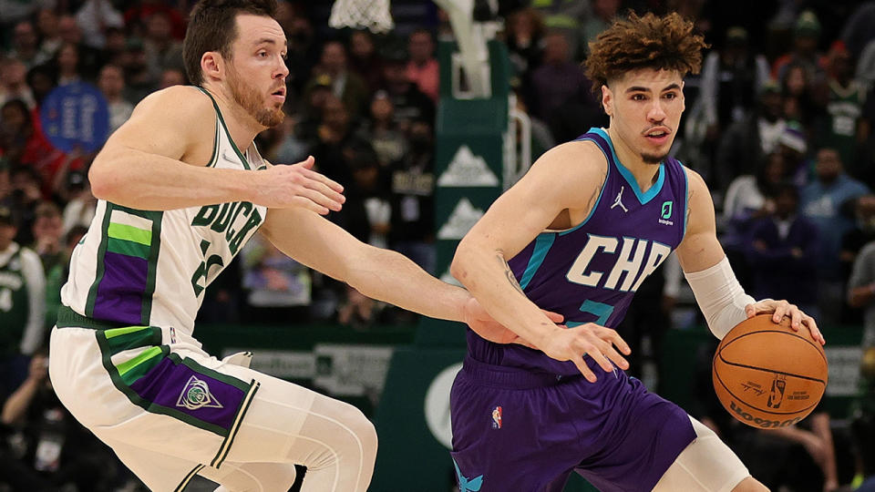 LaMelo Ball had a career high 36 points against Milwaukee, but it wasn&#39;t enough to stop the Bucks from winning the game in the dying seconds. (Photo by Stacy Revere/Getty Images)