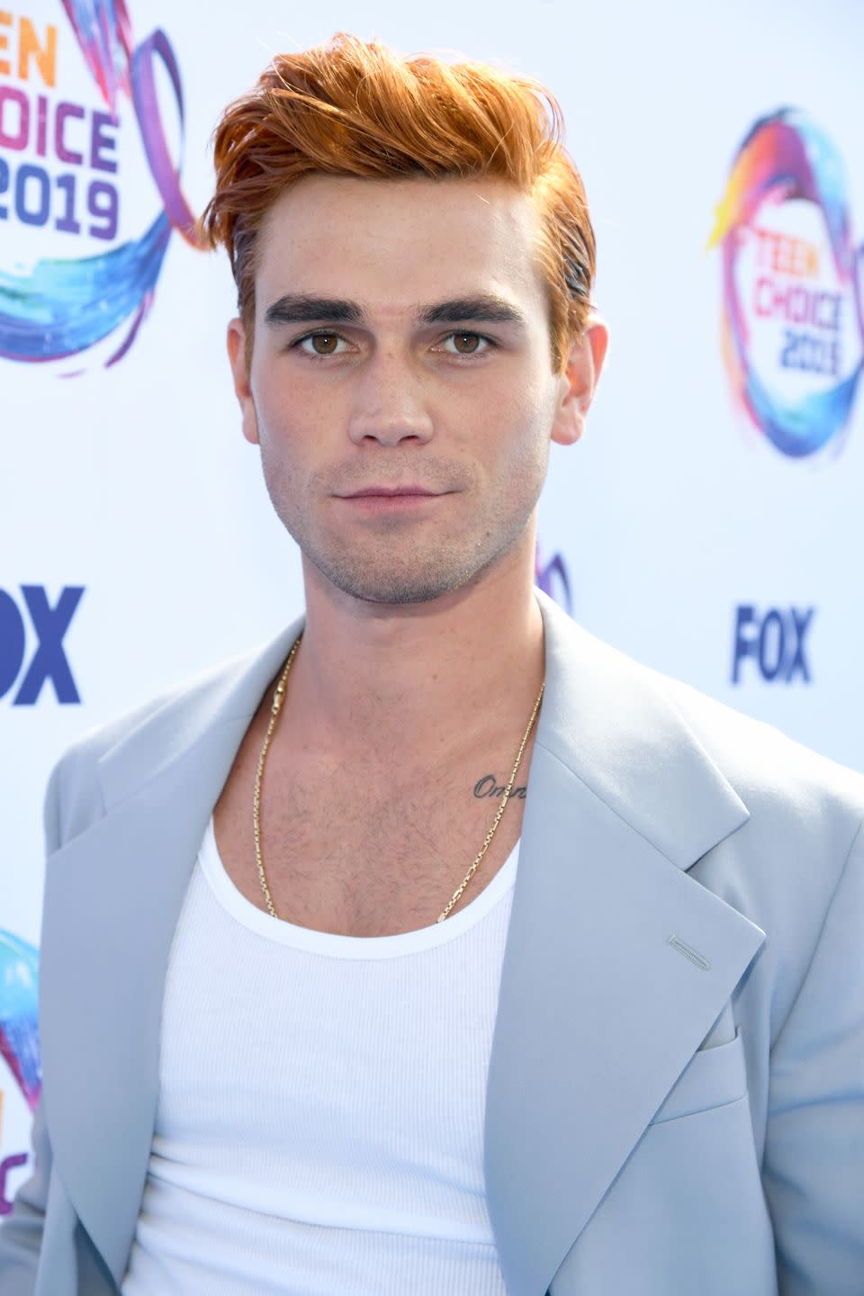 <p>For the role of Archie, Apa dyes his hair orange. Of the color change, he told <em><a href="https://www.teenvogue.com/story/riverdale-archie-interview-kj-apa" rel="nofollow noopener" target="_blank" data-ylk="slk:Teen Vogue;elm:context_link;itc:0;sec:content-canvas" class="link ">Teen Vogue</a></em>: "It was definitely really weird to see [for the first time]. But now I can't really remember what it was like before."</p>