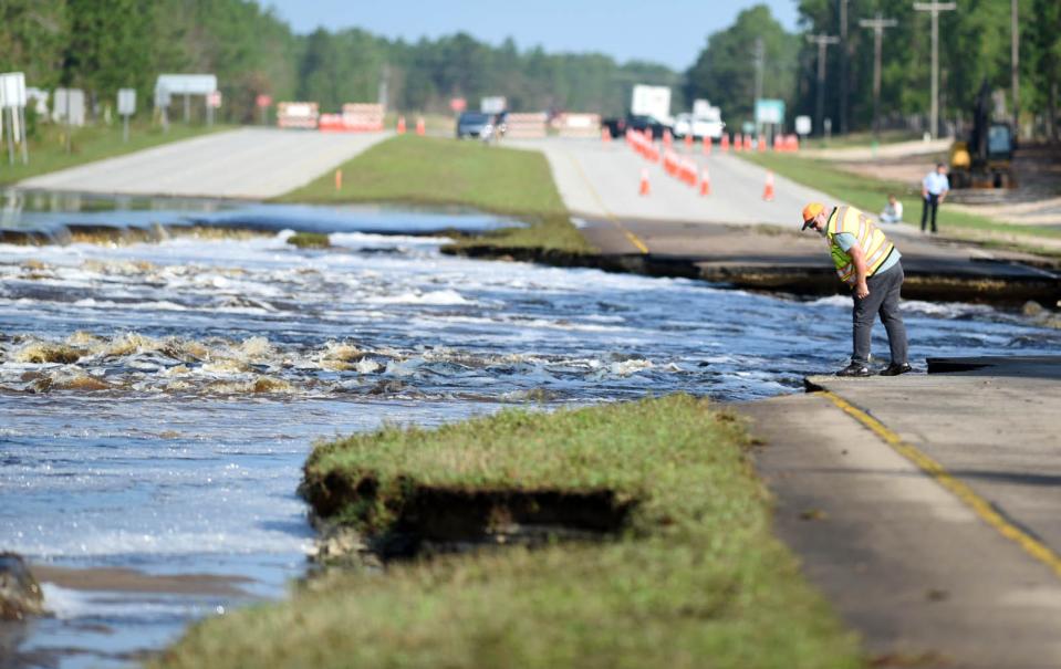 After Hurricane Florence had drenched the region for several days, a dam was overtopped at Sutton Lake, The resulting flooding washed away part of U.S. 421 in New Hanover County just south of the Pender County line.