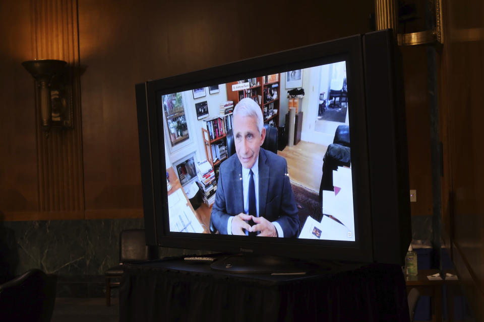 Dr. Anthony Fauci, director of the National Institute of Allergy and Infectious Diseases, speaks remotely during a virtual Senate Committee for Health, Education, Labor, and Pensions hearing, Tuesday, May 12, 2020 on Capitol Hill in Washington. (Win McNamee/Pool via AP)