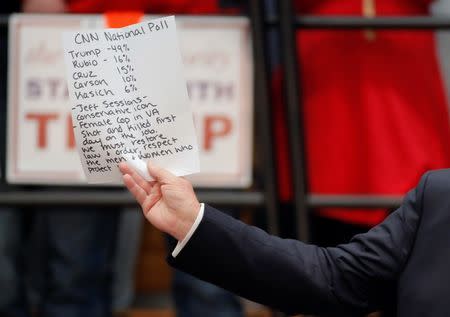 U.S. Republican presidential candidate Donald Trump holds up handwritten notes as he speaks during a campaign event in Radford, Virginia February 29, 2016. REUTERS/Chris Keane