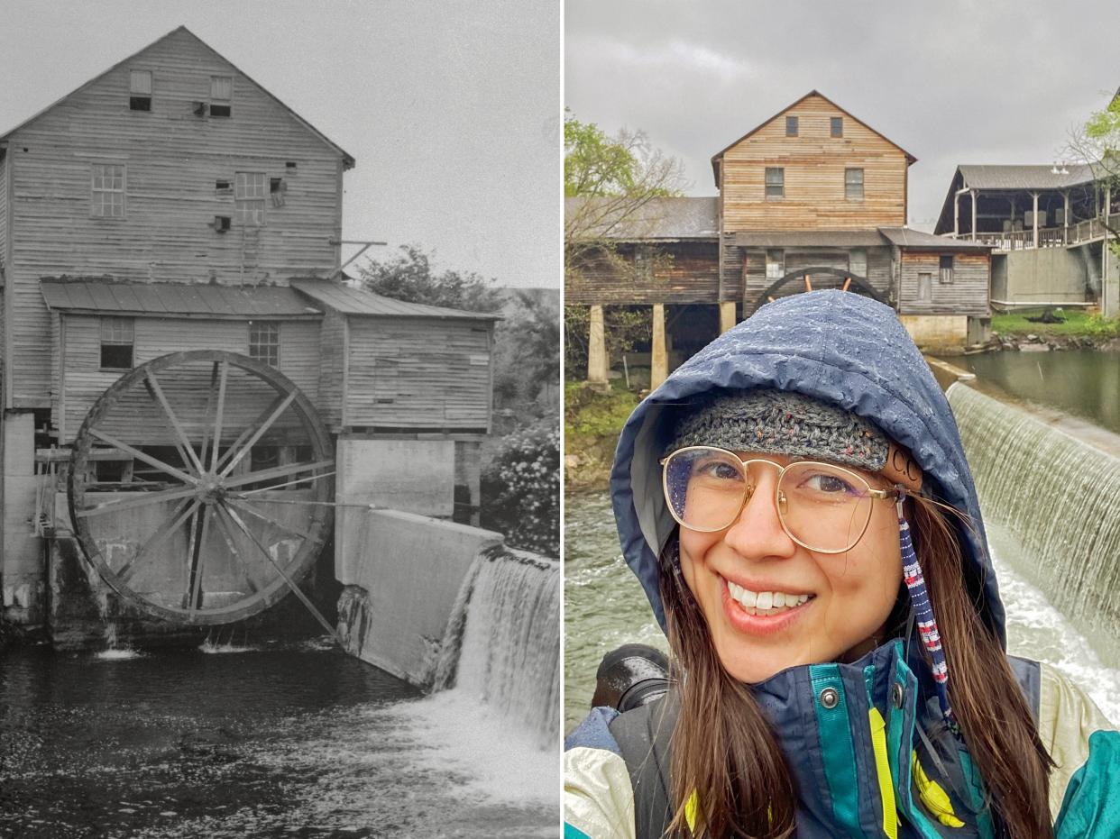 Left: A black and white photo of one of the picturesque spots in the Pigeon is this old mill which still runs, built in 1830. Right: The author takes a selfie in a hooded blue jacket in front of a small waterfall, brown building, and gray skies