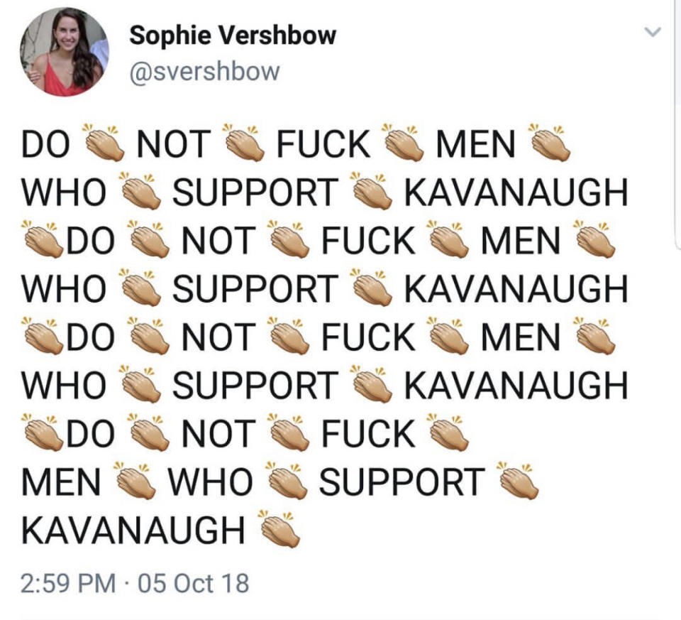 The author's tweet, which she wrote&nbsp;during the Senate confirmation hearings on Brett Kavanaugh&rsquo;s nomination to the Supreme Court. (Photo: )