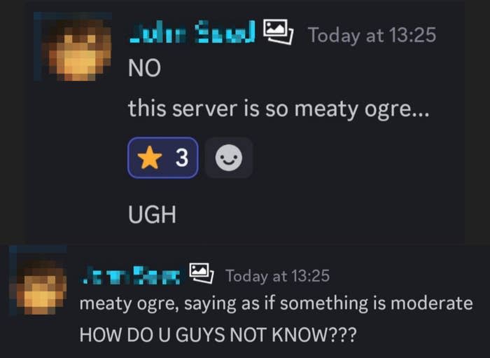 Two user comments in a chat; one complains about the server's quality, followed by a confused response