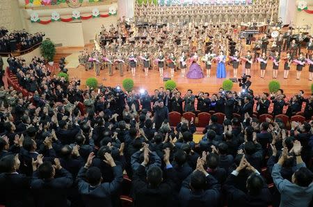 North Korean leader Kim Jong Un reacts during a celebration for nuclear scientists and engineers who contributed to a hydrogen bomb test, in this undated photo released by North Korea's Korean Central News Agency (KCNA) in Pyongyang on September 10, 2017. KCNA via REUTERS