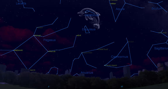 This sky map of the Delphinus constellation shows the location of the cosmic Dolphin in the late August sky, while looking southeast at 9 p.m. local time from mid-northern latitudes.