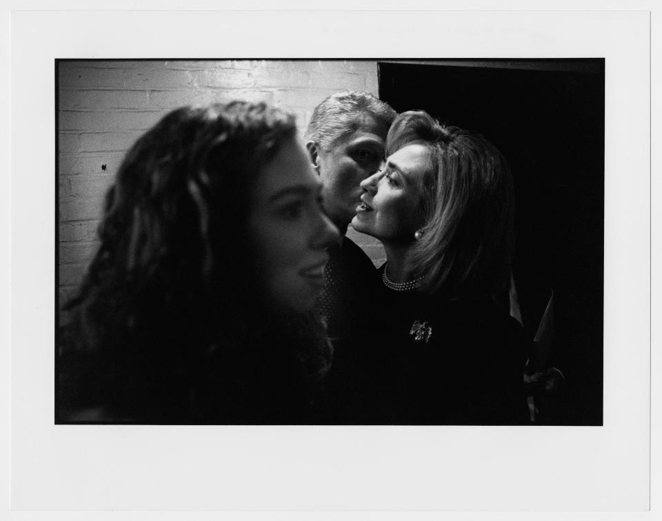 Chelsea, Bill, and Hillary Clinton after the first Clinton-Dole debate in Hartford, Connecticut. October 6, 1996.