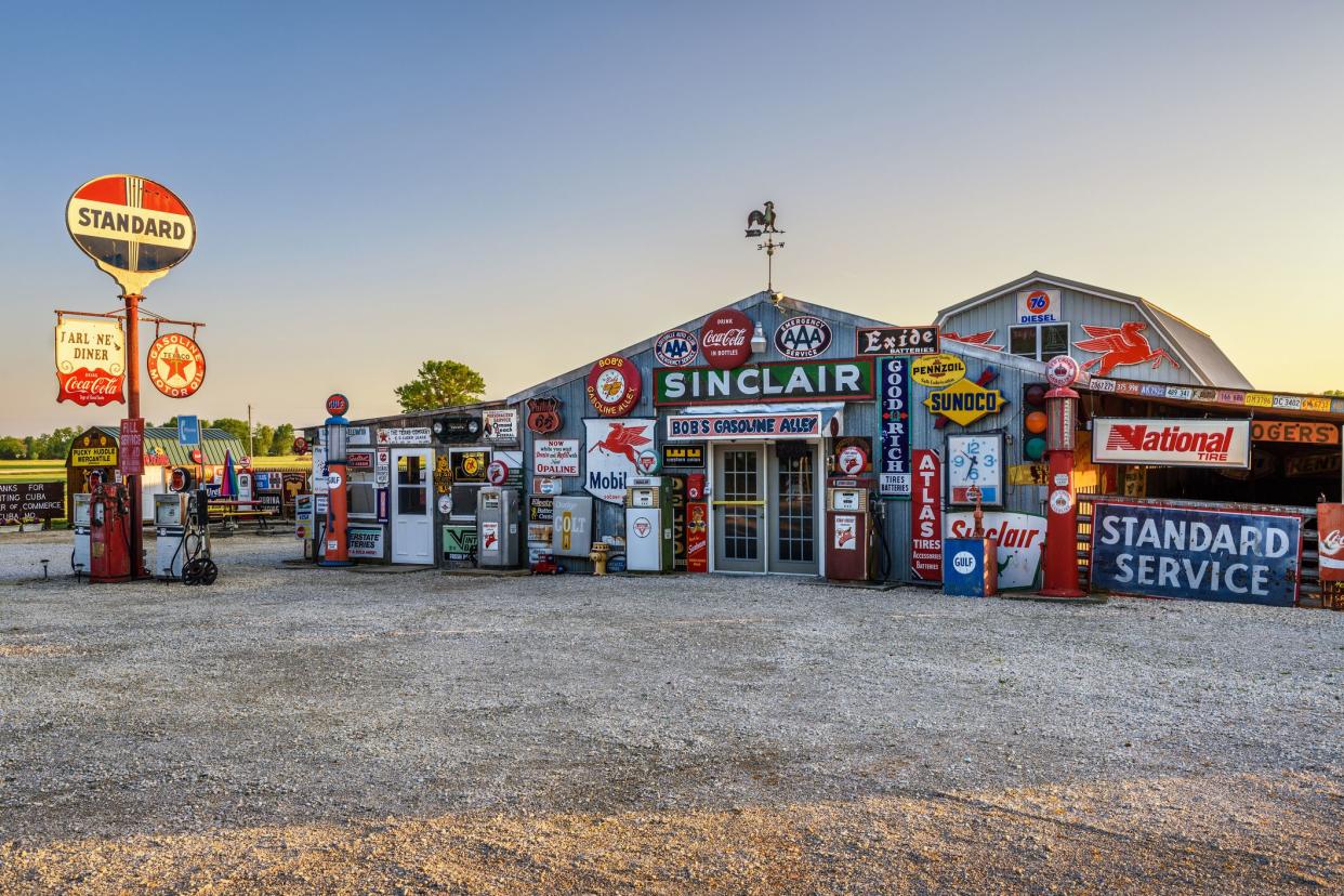 gasoline alley with lots of signs in cuba, missouri