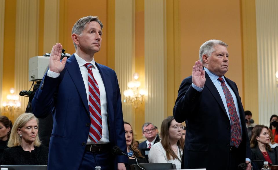 Greg Jacob (left), former counsel to Vice President Mike Pence and J. Michael Luttig, retired judge for the U.S. Court of Appeals for the Fourth Circuit and informal advisor to the Vice President are sworn in before testifying before the House select committee to investigate the Jan.6th attack on the Capitol on June 16, 2022.