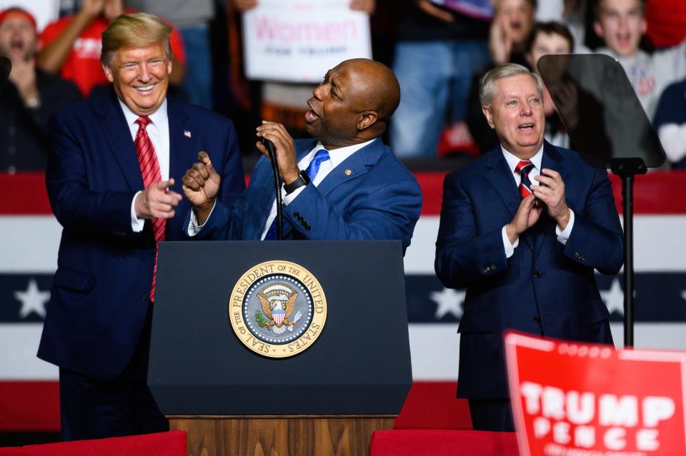 Sen. Tim Scott speaks during a rally for President Donald Trump at the North Charleston Coliseum Friday, Feb. 28, 2020.