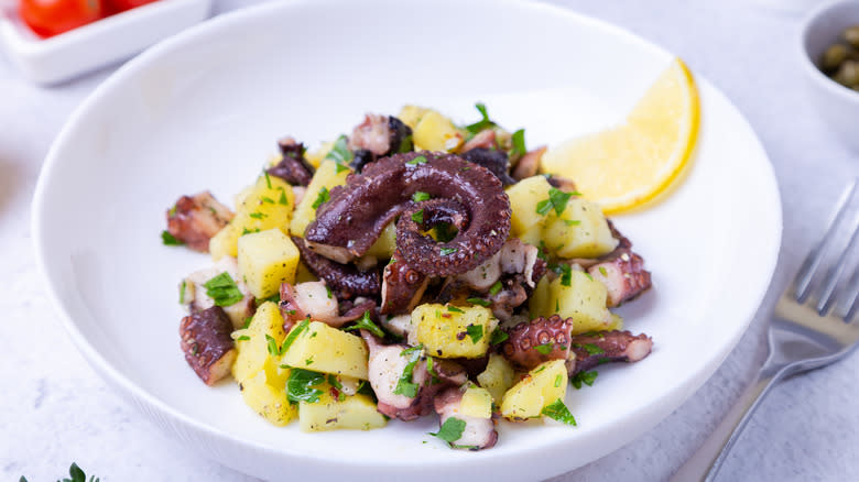Bowl of octopus potato salad