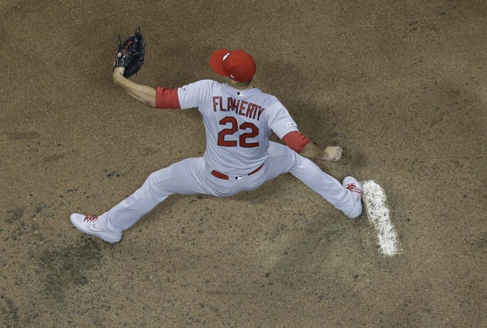 St. Louis Cardinals starting pitcher Jack Flaherty throws during the third inning of a baseball game against the Milwaukee Brewers Friday, March 29, 2019, in Milwaukee. (AP Photo/Morry Gash)