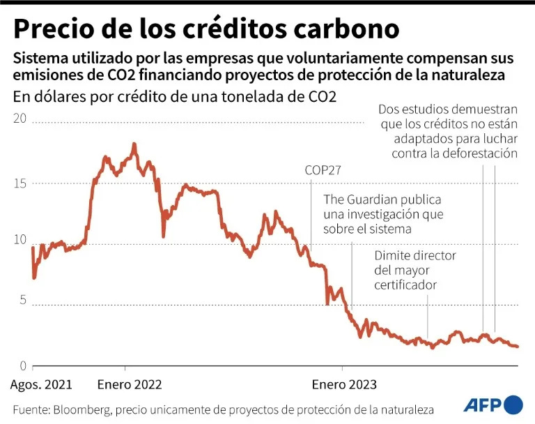 La curva de evolución del precio de los créditos de carbono en el mercado voluntario, entre agosto de 2021 y octubre de 2023 (Laurence Saubadu)