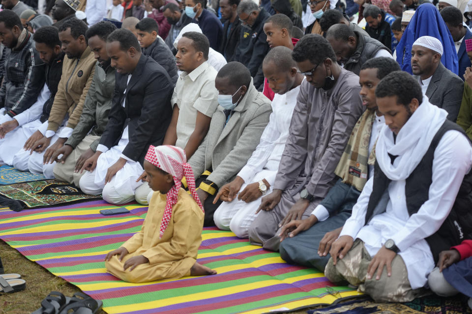 Muslims gather for prayers to celebrate Eid al-Adha, or Feast of Sacrifice, that commemorates the Prophet Ibrahim's faith, in Nairobi, Kenya, Saturday, July, 9, 2022. Eid al-Adha marks the end of hajj. (AP Photo/Sayyid Abdul Azim)