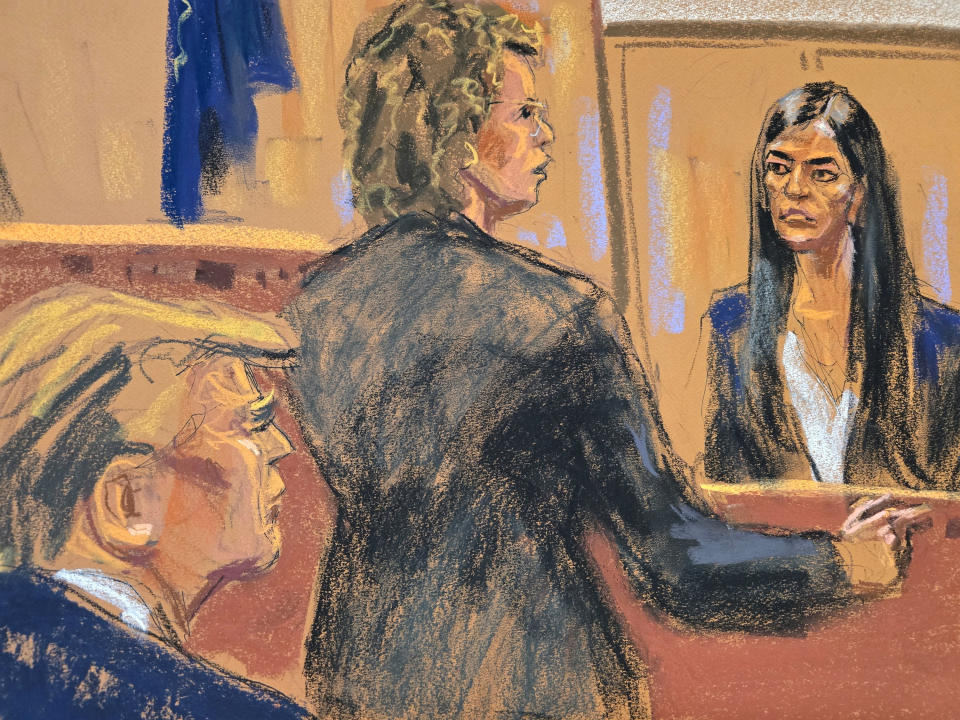 Trump watches as Westerhout is cross examined by defense attorney Susan Necheles during his criminal hush money trial on Friday in this courtroom sketch. (Jane Rosenberg/Reuters)