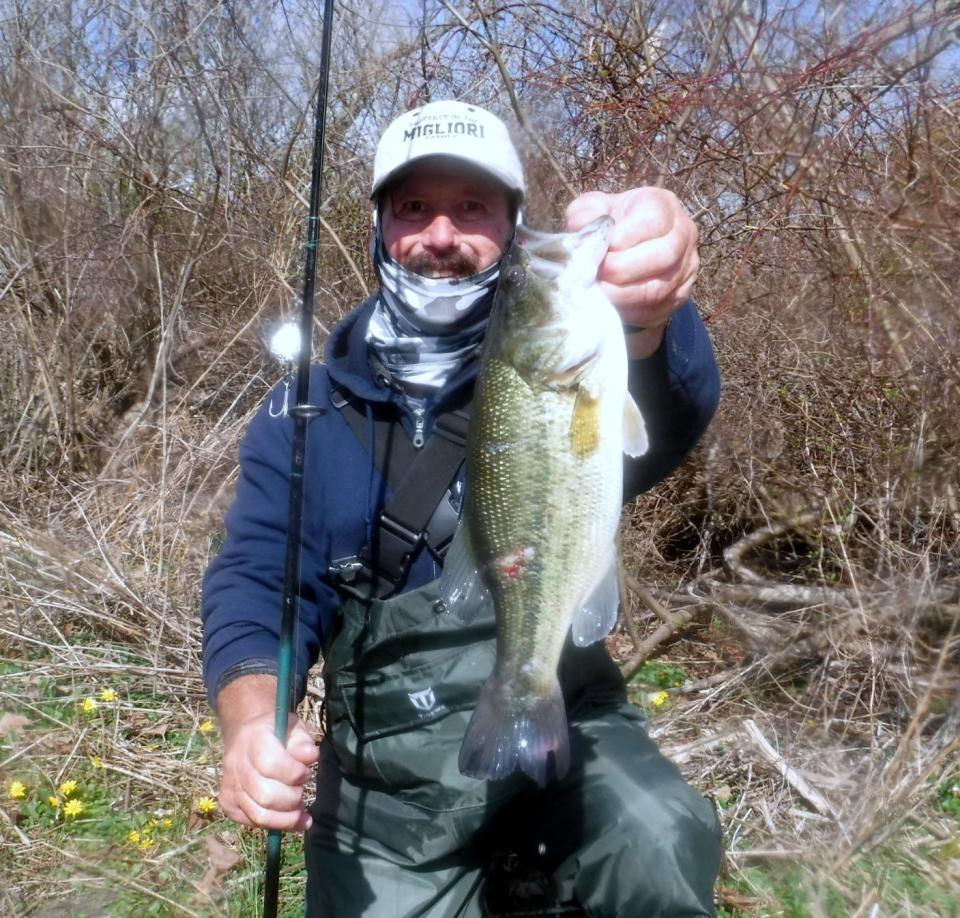 John Migliori of Aquidneck Island is catching largemouth bass and pickerel using a spinner bait, changing out hook size depending on the targeted species.