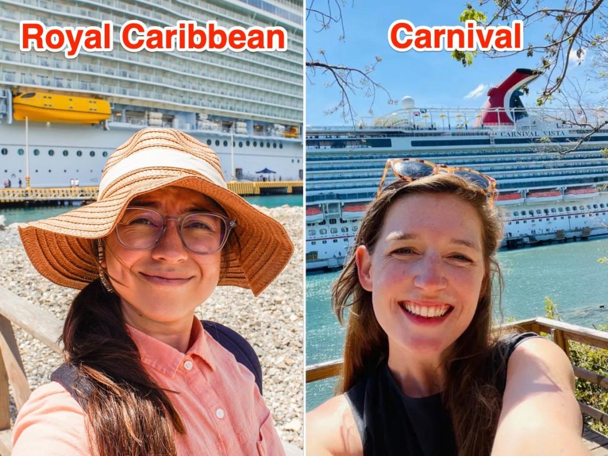 Joey with a Royal Caribbean ship (L) and Monica with a Carnival ship (R)