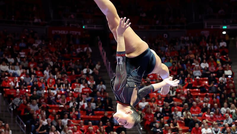 Utah’s Maile O’Keefe does a 10.0 beam routine as the Utah Red Rocks compete against Oregon State in a gymnastics meet at the Huntsman Center in Salt Lake City on Friday, Feb. 2, 2024. Utah won.