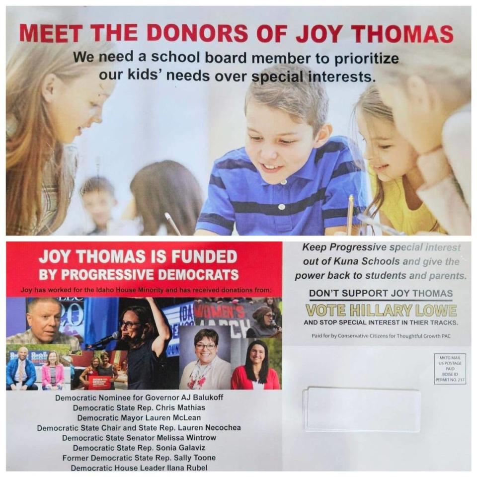 An attack ad paid for by a political action committee called Conservative Citizens for Thoughtful Growth. It asks Kuna voters not to support Joy Thomas in her bid for reelection to the Kuna School Board, and to vote for Hillary Lowe instead.