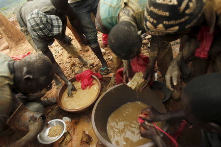 Gold prospectors are seen at a gold mine near the village of Gamina, in western Ivory Coast, March 16, 2015. REUTERS/Luc Gnago