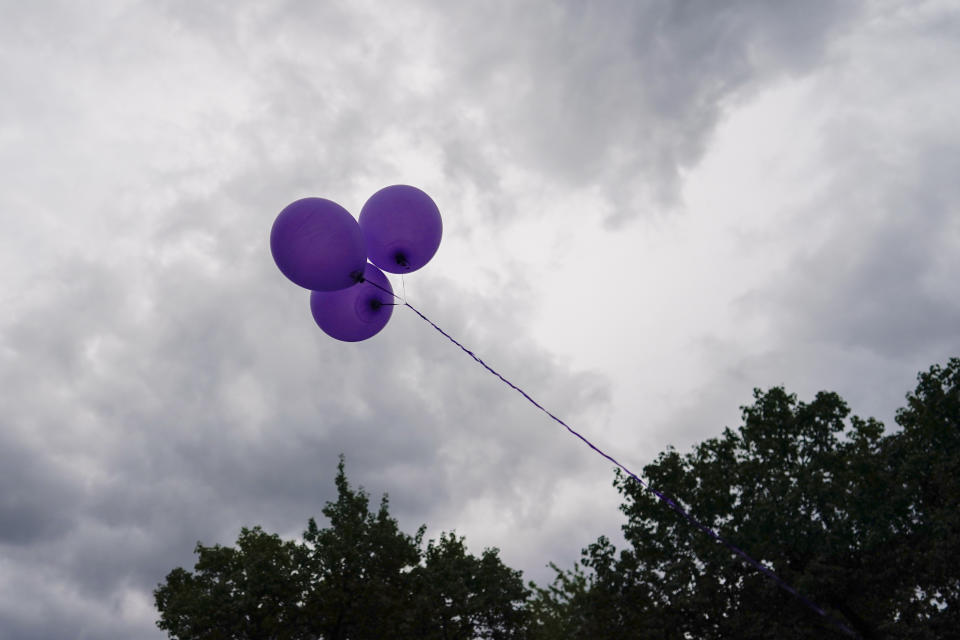 Purple balloons in honor of Nikiesha Thomas float above the Back To School Block Party in the Robinwood Community of Annapolis, Md., Sunday, Aug. 21, 2022. Purple was Nikiesha's favorite color. The block party sponsored by the Nikiesha Thomas Memorial and Allstate Insurance and was hosted by Beacon Light Seventh-day Adventist Church. Nikiesha Thomas was shot and killed by her ex-boyfriend just days after filing for a protective order. Victims of abuse and their families saw a quiet breakthrough this summer when the passage of a bipartisan gun safety bill in Congress included a proposal that would make it more difficult for intimate partners of convicted domestic abusers to obtain firearms. (AP Photo/Carolyn Kaster)
