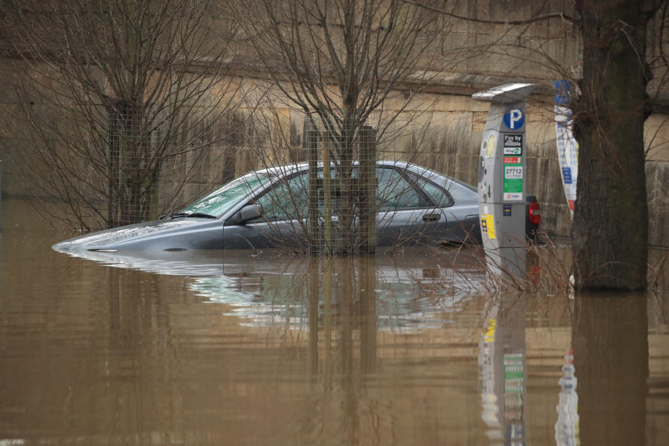 A car in flood water in York in the aftermath of Storm Dennis. (Danny Lawson/PA Images via Getty Images)