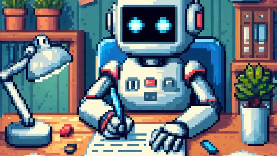 Pixel art of a robot writing at a desk among plants and a notebook.