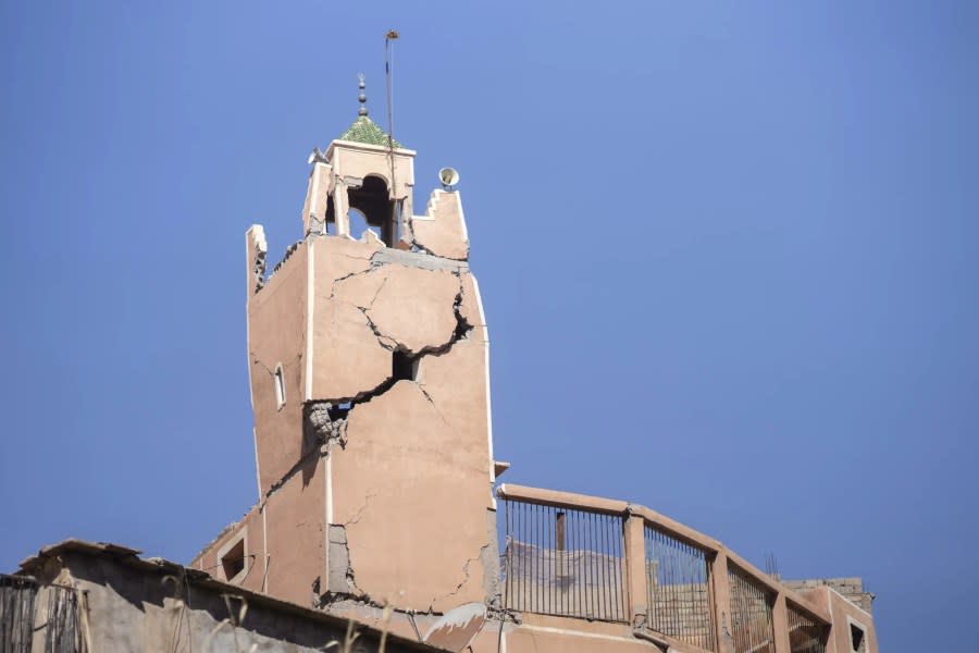 A cracked mosque minaret stands after an earthquake in Moulay Ibrahim village, near Marrakech, Morocco, Saturday, Sept. 9, 2023. (AP Photo/Mosa’ab Elshamy)