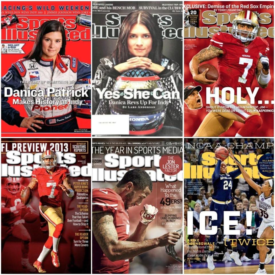 Wisconsin-born athletes on the cover of Sports Illustrated have included (clockwise from upper left) Danica Patrick twice, Colin Kaepernick, Arike Ogunbowale and Kaepernick twice more.