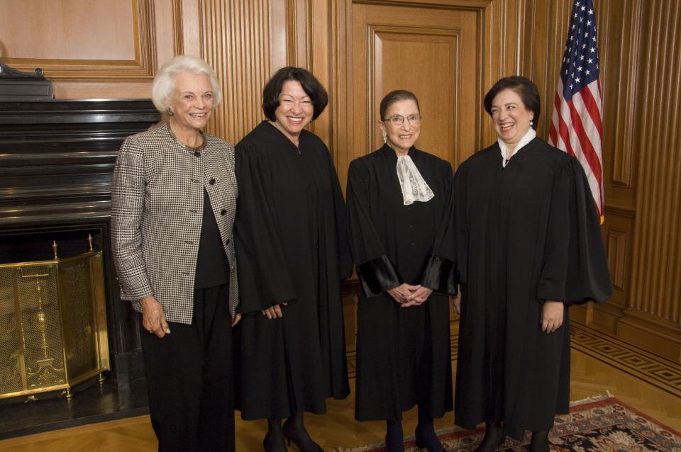 From left: Associate Justice Sandra Day O’Connor (retired), Associate Justice Sonia Sotomayor, Associate Justice Ruth Bader Ginsburg and Associate Justice Elena Kagan prior to Justice Kagan’s investiture at the U.S. Supreme Court. (Photo: Rex/Shutterstock)