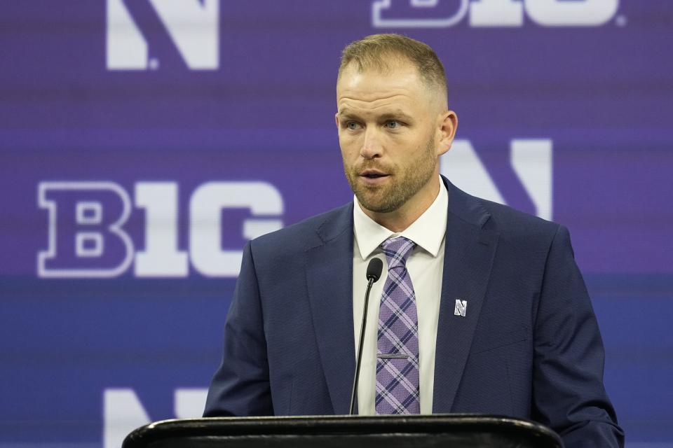 Northwestern interim head coach David Braun speaks during an NCAA college football news conference at the Big Ten Conference media days at Lucas Oil Stadium, Wednesday, July 26, 2023, in Indianapolis. (AP Photo/Darron Cummings)