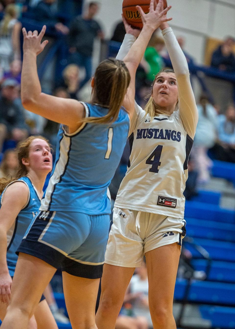 Medway High School junior Victoria Bullard shoots against Medfield, Jan. 9, 2024.