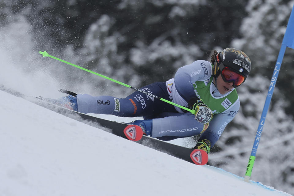 Italy's Federica Brignone speeds down the course during an alpine ski, women's World Cup giant slalom race, in Soldeu, Andorra, Saturday, Feb. 10, 2024. (AP Photo/Marco Trovati)