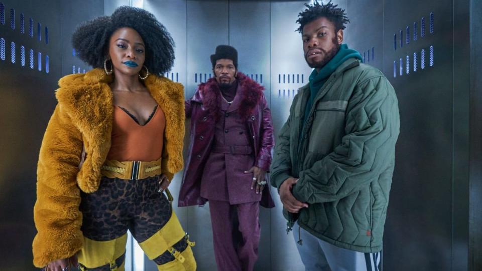 John Boyega, Teyonah Parris, and Jamie Foxx in They Cloned Tyrone photo in elevator