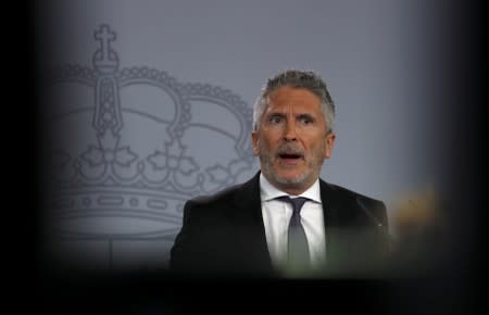 Spain's Interior Minister Fernando Grande-Marlaska speaks during a news conference at Moncloa Palace in Madrid